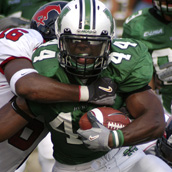 Marshall University running back Ahmad Bradshaw carries the ball against Southern Methodist University at Joan C. Edwards stadium on the campus of Marshall University in Huntington, WV.  Event Photography by Alex Wilson
