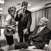 Senators John D. Rockefeller IV (D-WV) and Joe Manchin III greet each other back stage at the 2013 Jefferson-Jackson Dinner in Charleston, WV.  Event Photography by Alex Wilson