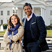 Paige Lavender, senior politics editor at The Huffington Post and Peter Cherukuri, VP and General Manager at The Huffington Post, photographed at the White House.  Cherukuri, a WVU graduate, was part of a program in the WVU P.I. Reed School of Journalism that mentored up-and-coming students.  Lavender was his Mentee and used the connection to get a job with the Huffington Post after graduation.  Location Portrait Photogrpahy by Alex Wilson.